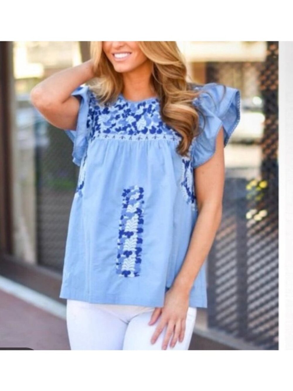 J. Marie Lila Floral Embroidered Ruffle Top Light Blue Women's Size S